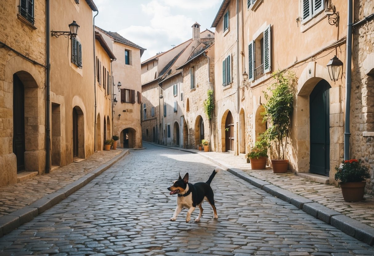A medieval French village with a dog playing in the cobblestone streets