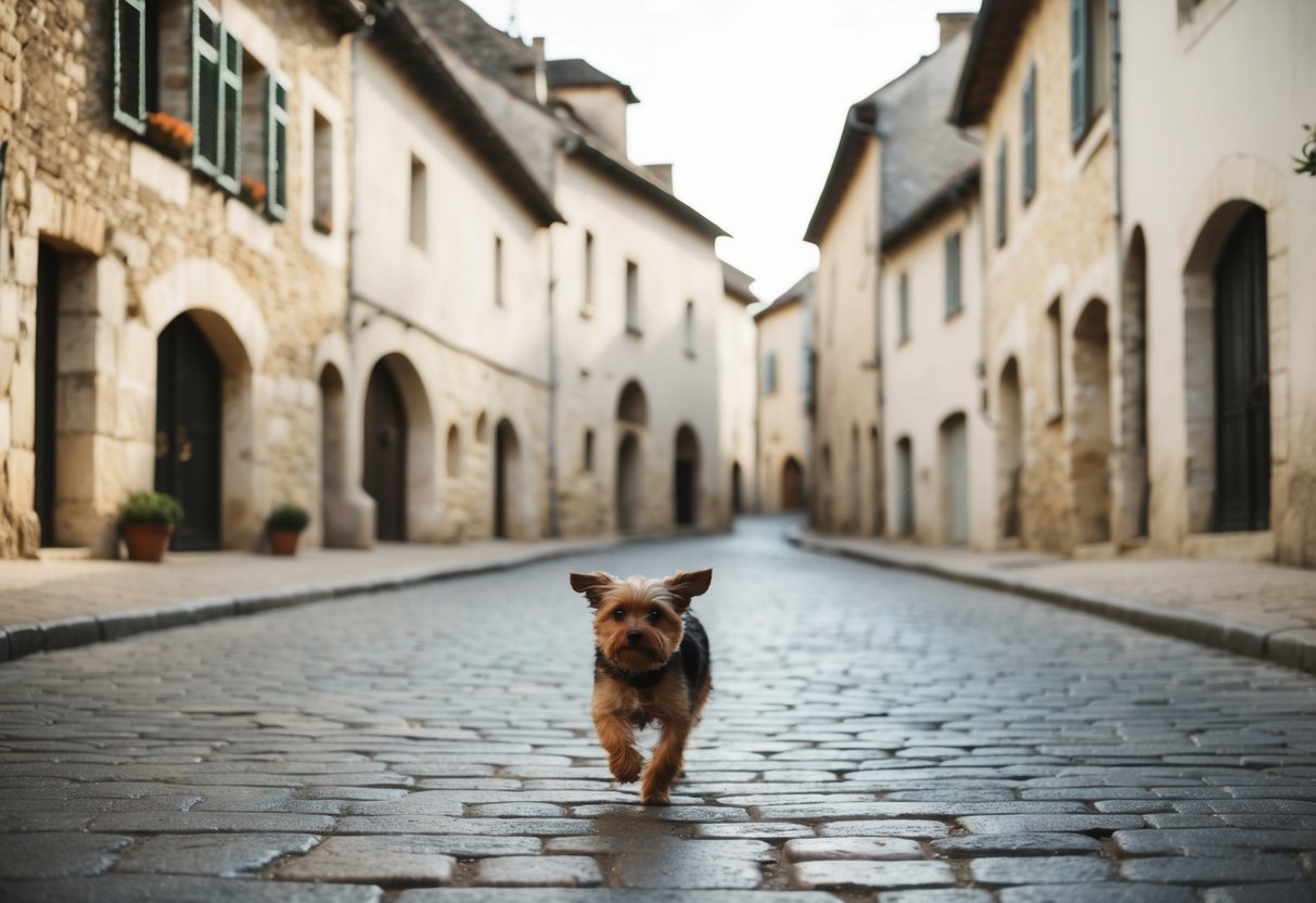A medieval French village with a small, scruffy dog running through the cobblestone streets