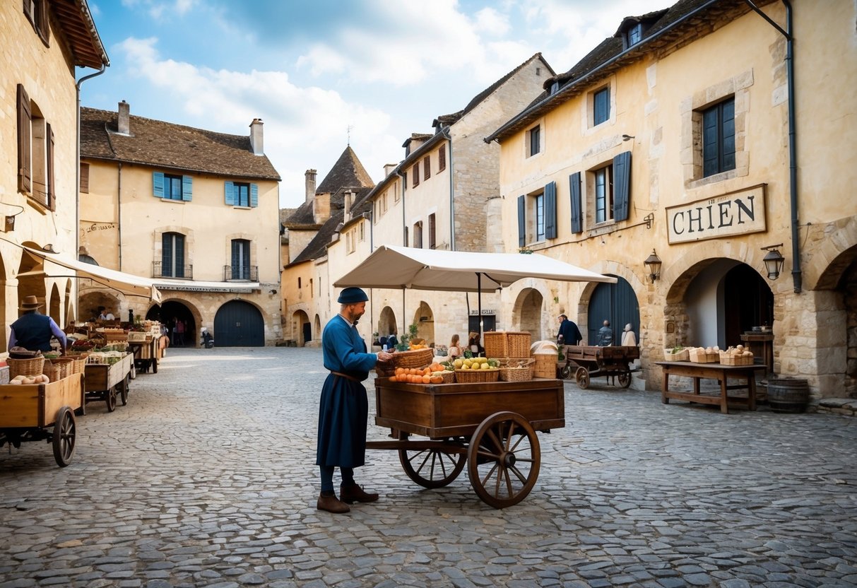 A medieval French village with a market square, where a vendor sells goods from a wooden cart, including a sign with the word "chien" for "dog" in Old French