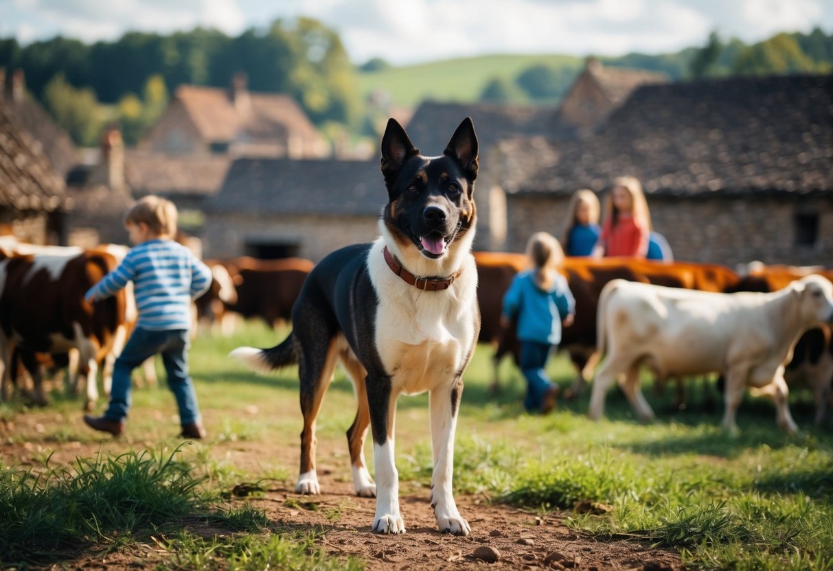 A dog guards a medieval village, surrounded by livestock and children playing