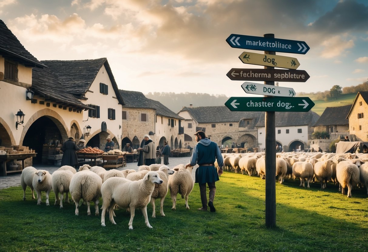 A medieval village with a marketplace, a shepherd and his flock, and a signpost with different languages pointing to "dog."
