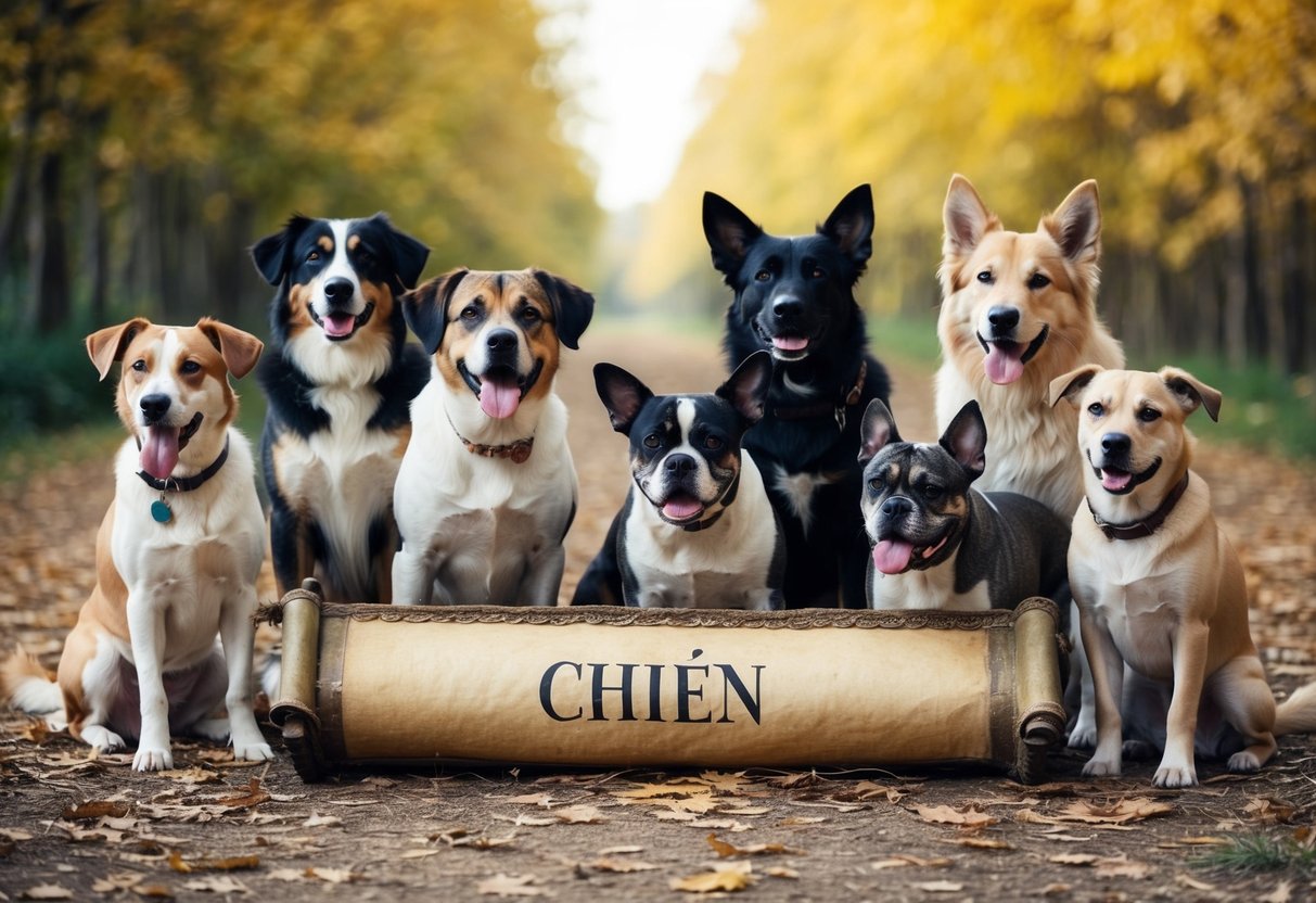 A pack of various dog breeds gathered around an ancient French scroll with the word "chien" inscribed on it