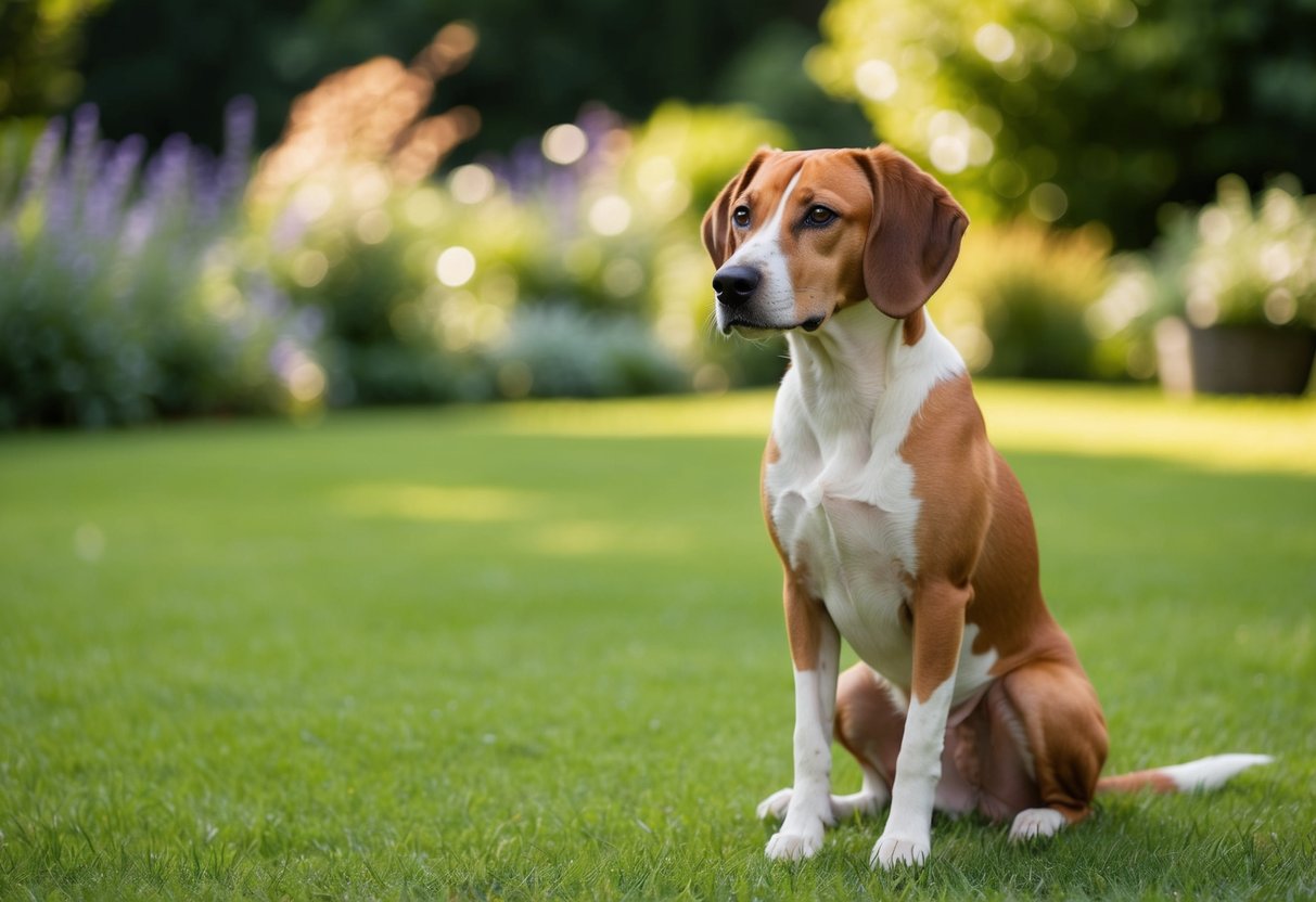 A quiet Basenji dog sitting in a peaceful garden