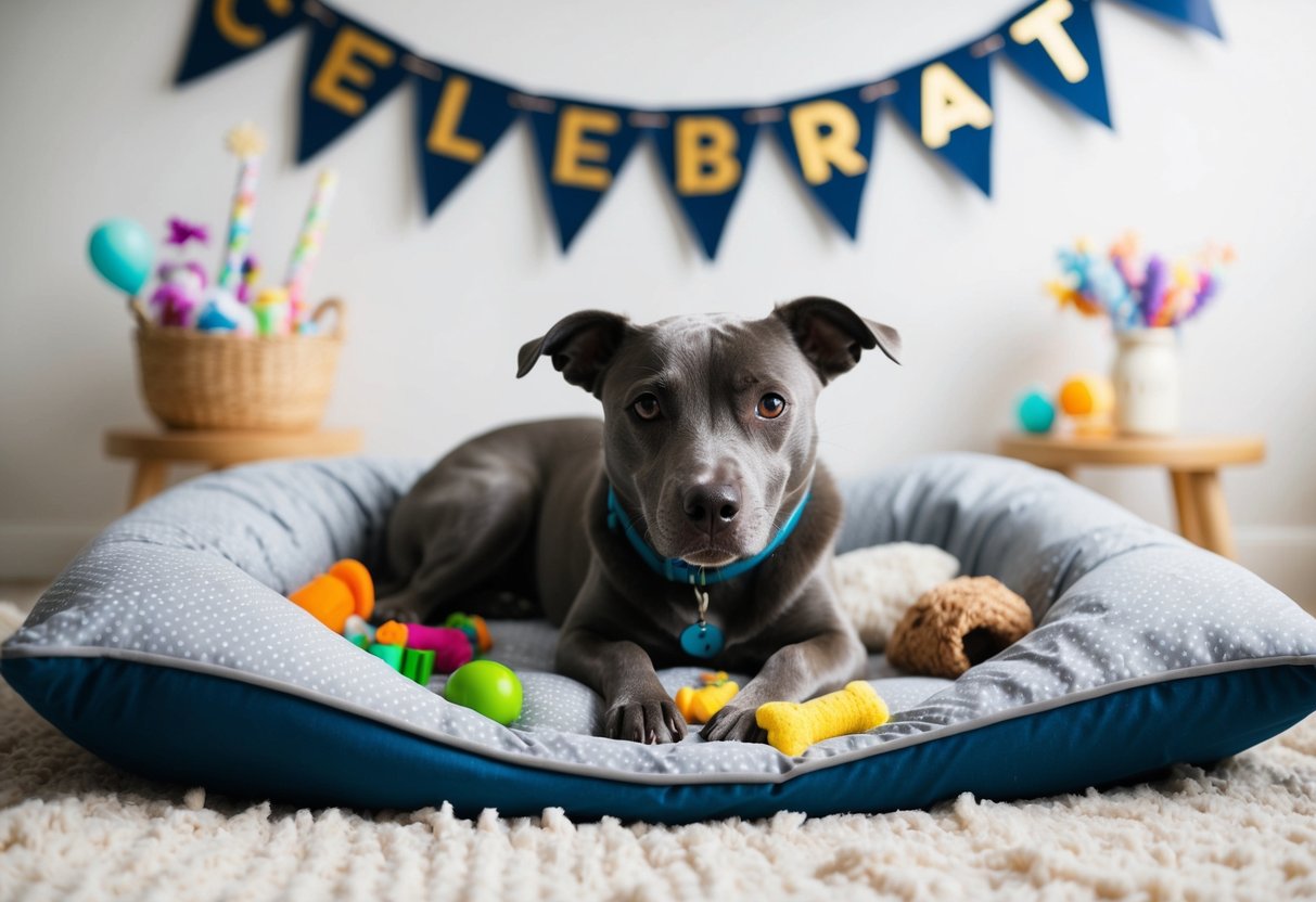 A gray muzzle dog lying in a cozy bed surrounded by toys and treats, with a celebratory banner hanging in the background