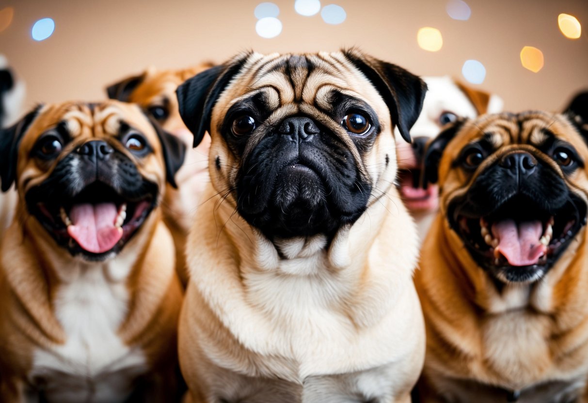 A pug stares at a closed mouth, surrounded by other barking dogs