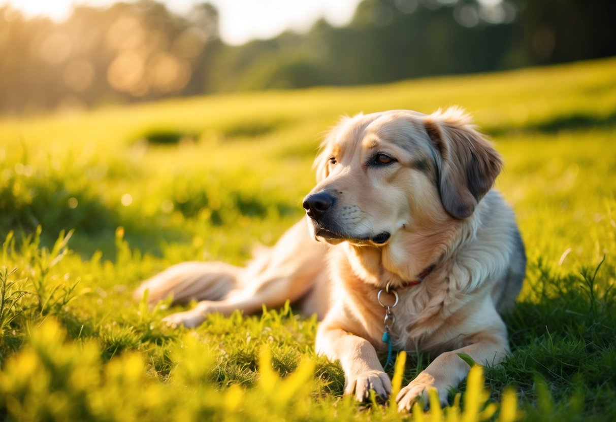A serene, ancient-looking dog basking in the warm sunlight, surrounded by a lush, green landscape, with a peaceful expression on its wise, old face