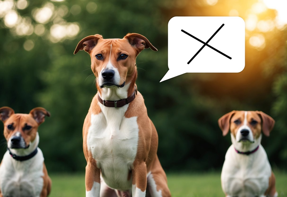 A Basenji standing silently among other quiet breeds, with a speech bubble showing a crossed-out bark