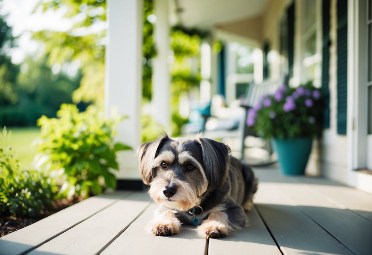 A serene, gray-muzzled dog rests on a sun-dappled porch, surrounded by lush greenery and a peaceful atmosphere