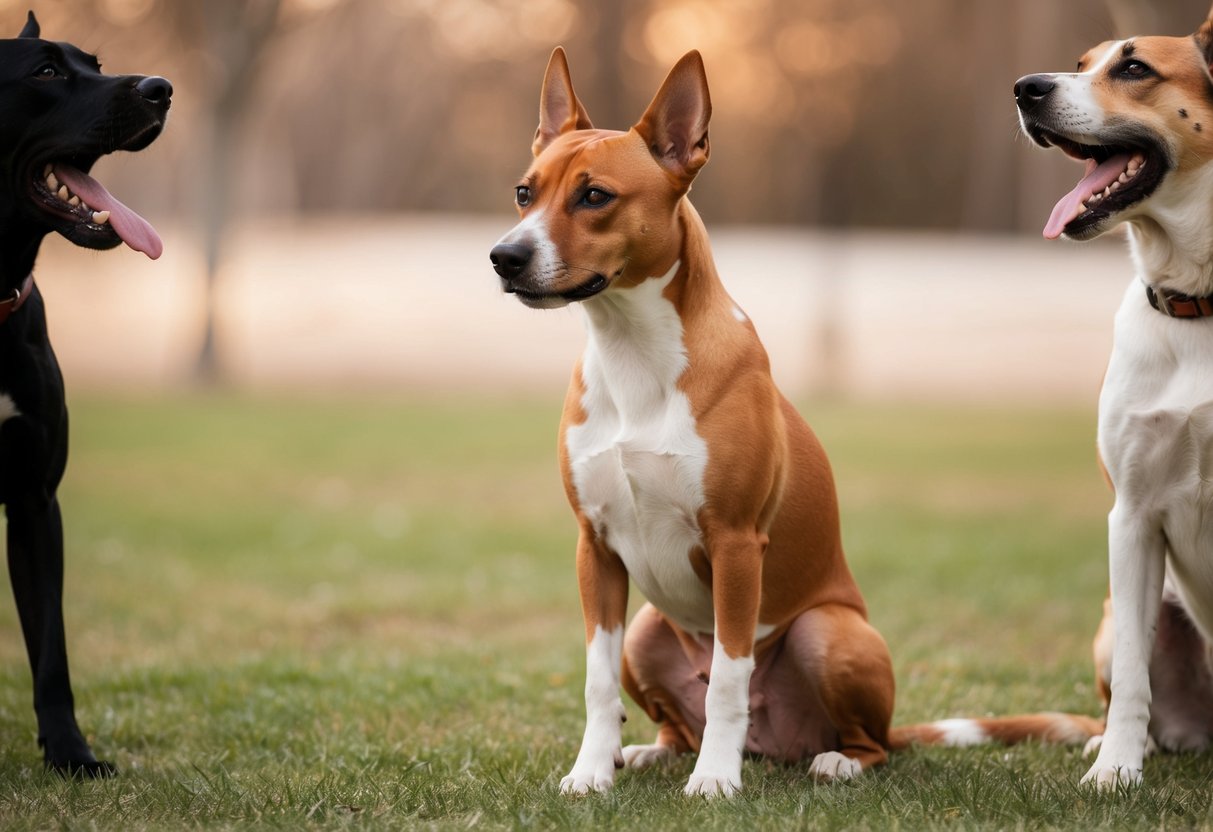 A Basenji dog sitting quietly with its mouth closed, surrounded by other barking dogs