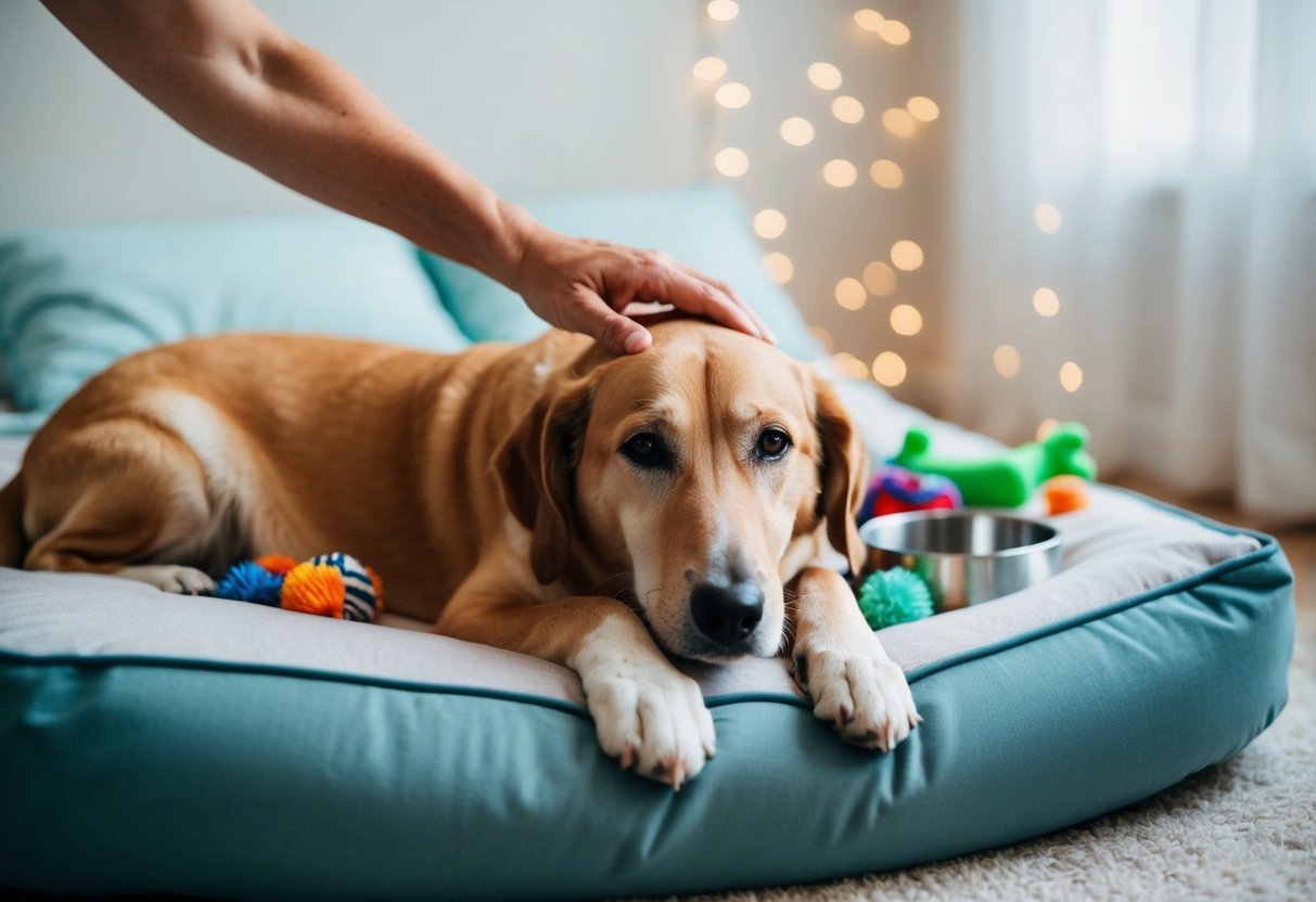 An elderly dog lying comfortably on a soft bed, surrounded by toys and a water bowl, while a gentle hand pets its head