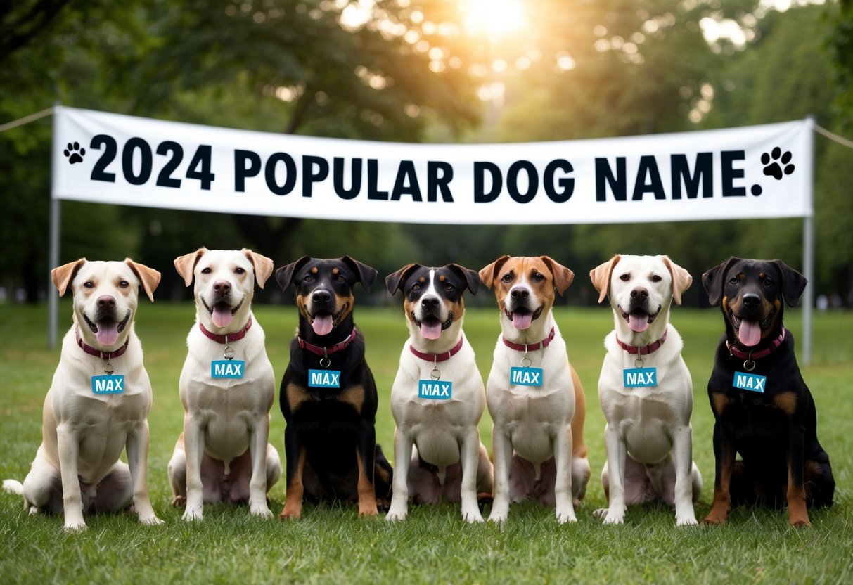 A group of dogs wearing tags with the name "Max" gather in a park, while a banner in the background reads "2024 Popular Dog Name."
