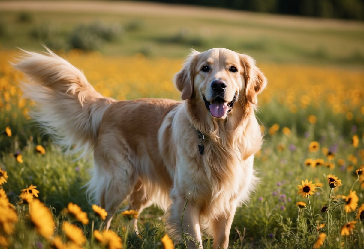 A golden retriever with a flowing, feathered coat stands in a field of wildflowers, sunlight catching on its fur