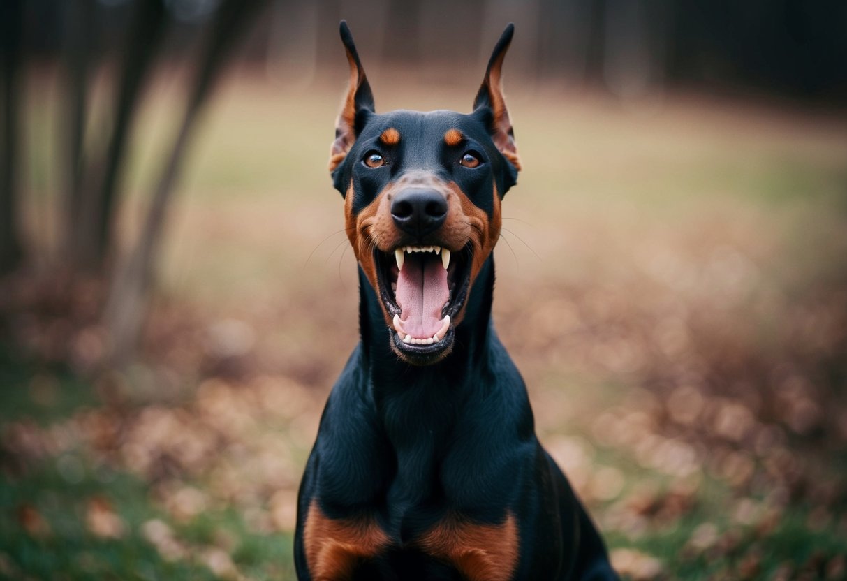 A snarling Doberman pinscher baring its teeth, standing in a defensive posture with raised hackles and intense, focused eyes