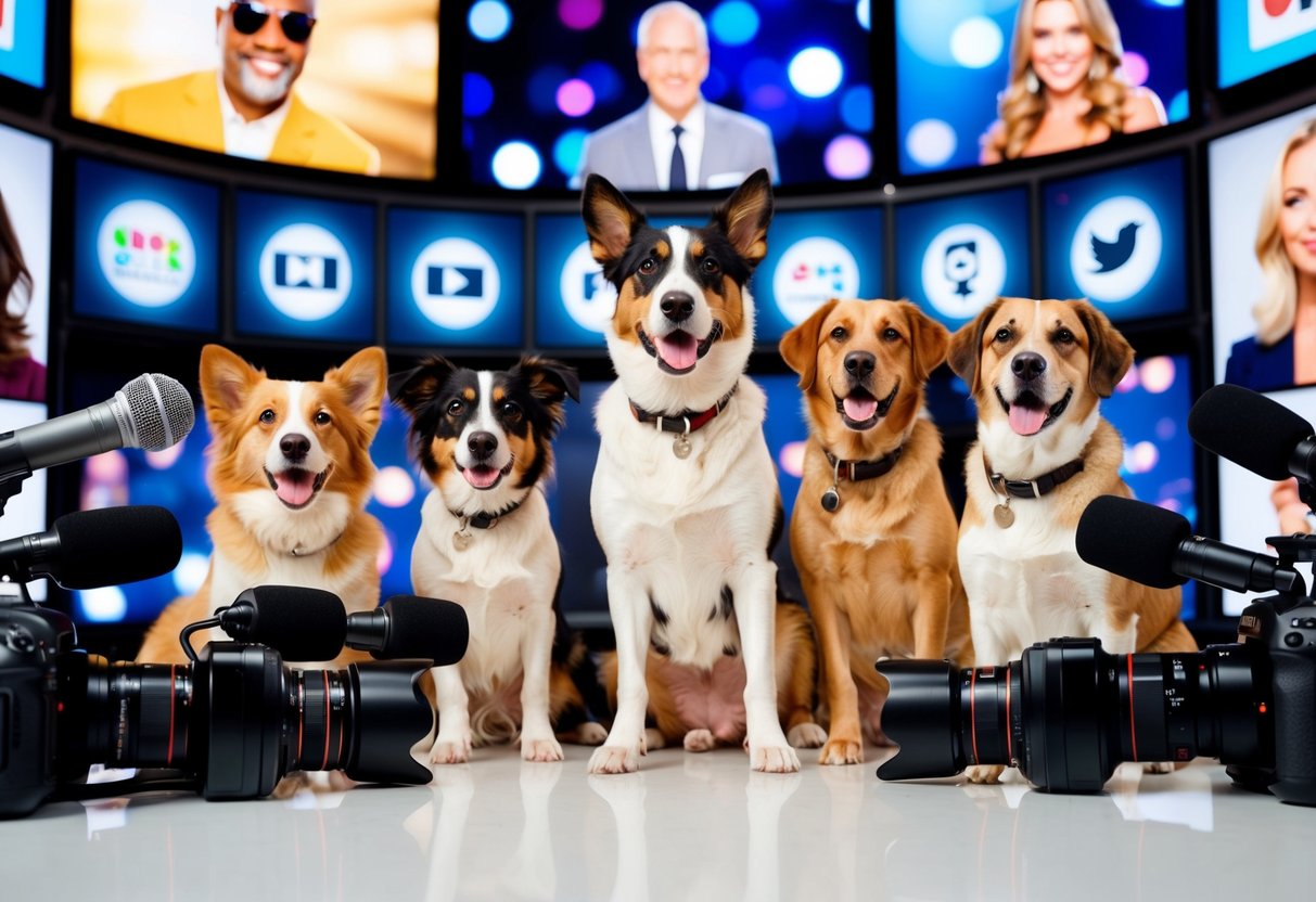A group of dogs surrounded by flashing cameras and microphones, with images of famous celebrities and media icons displayed on screens in the background
