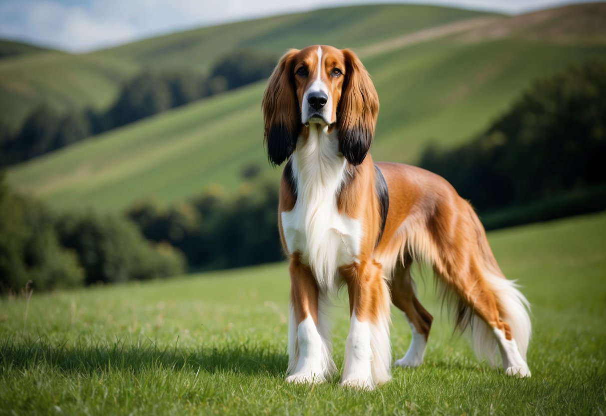 A regal Afghan Hound with flowing, silky fur stands proudly against a backdrop of lush, rolling hills