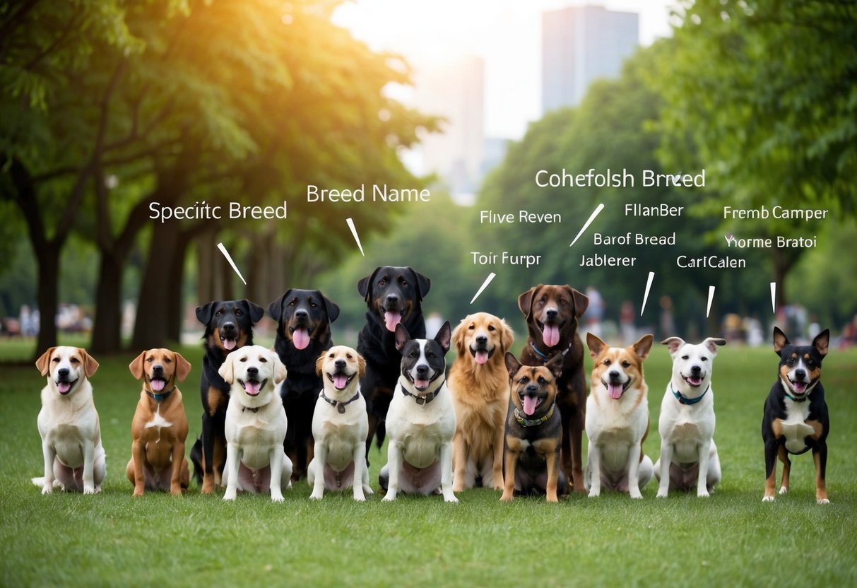 A pack of various dog breeds gathered in a park, each responding to their specific breed name being called out by their owners
