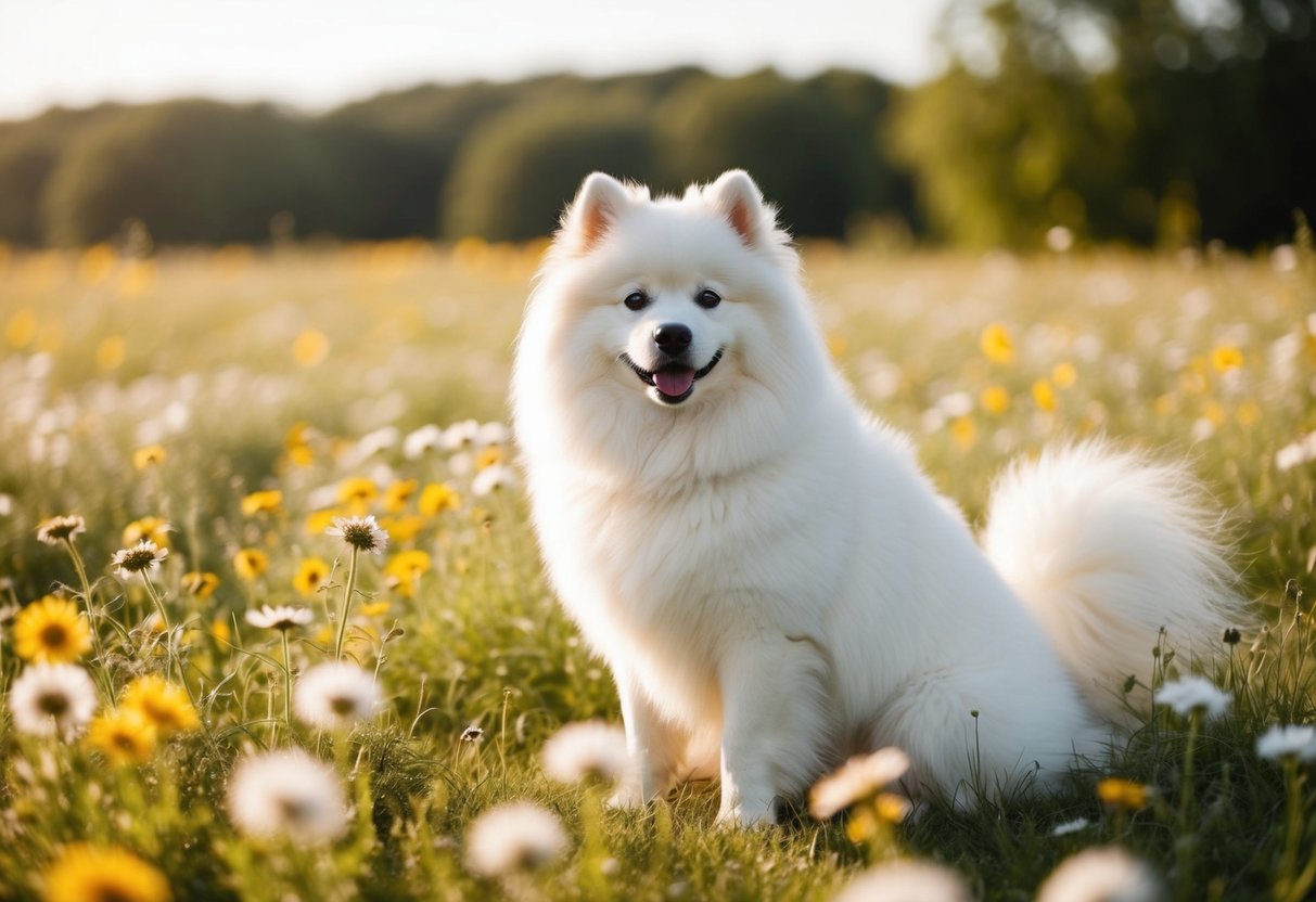 A fluffy Samoyed dog sits in a field of wildflowers, its pristine white coat glowing in the sunlight