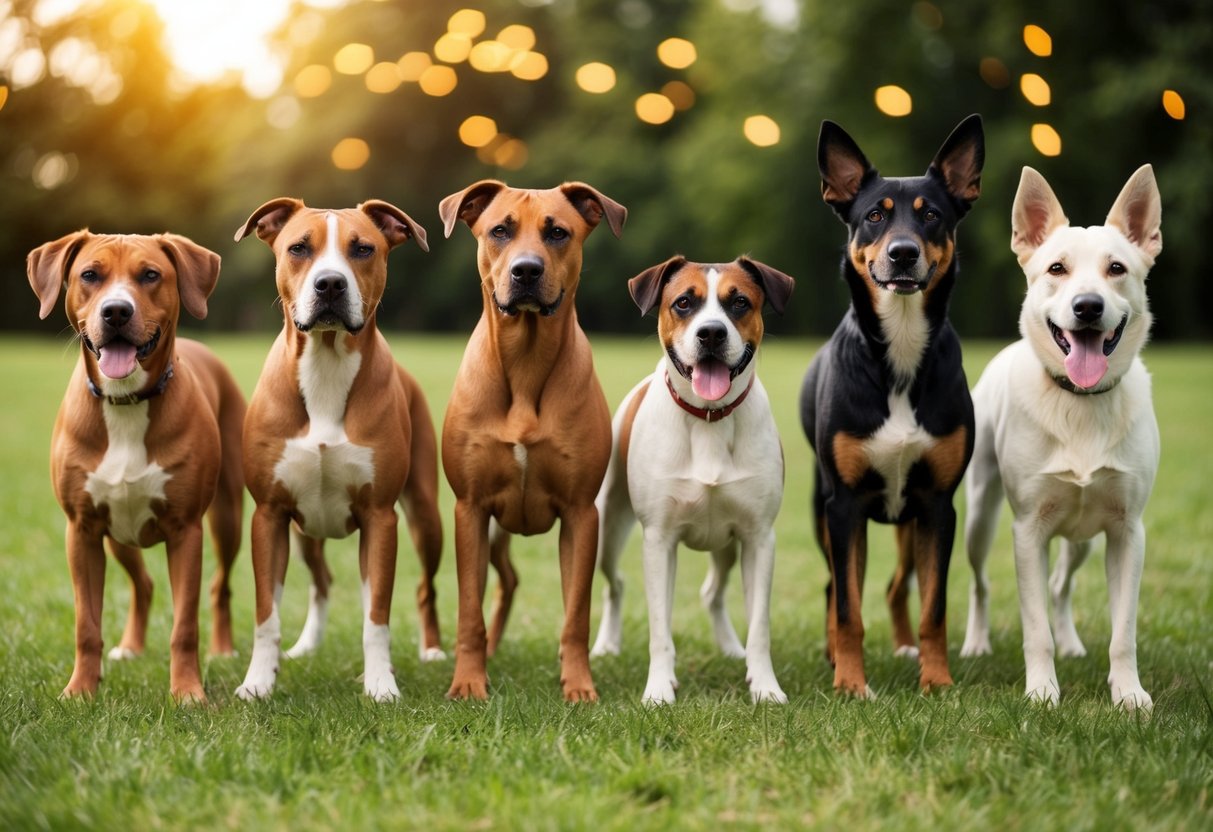 A variety of beautiful dog breeds stand in a row, each showcasing their unique and stunning features