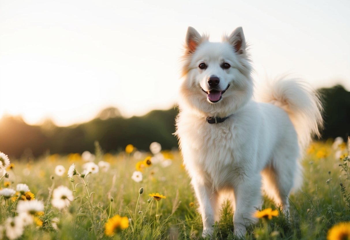 A fluffy white dog standing in a field of wildflowers, with the sun casting a warm glow on its fur