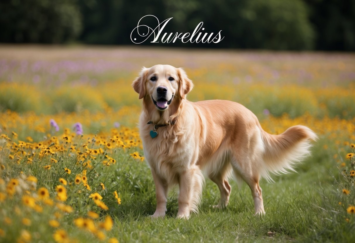 A golden retriever with a flowing coat stands in a field of wildflowers, his name "Aurelius" written in elegant script above him