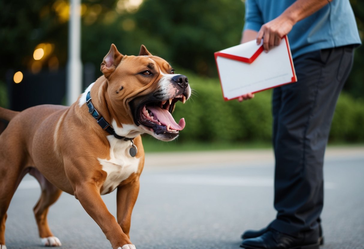 A snarling pit bull lunges at a mail carrier, teeth bared and fur bristling