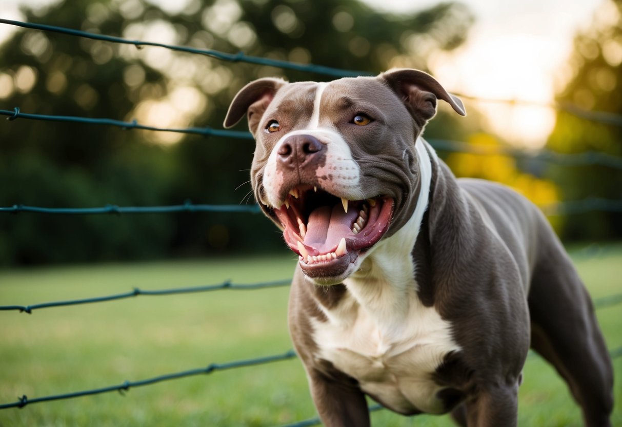 A snarling pit bull lunges at a fence, teeth bared