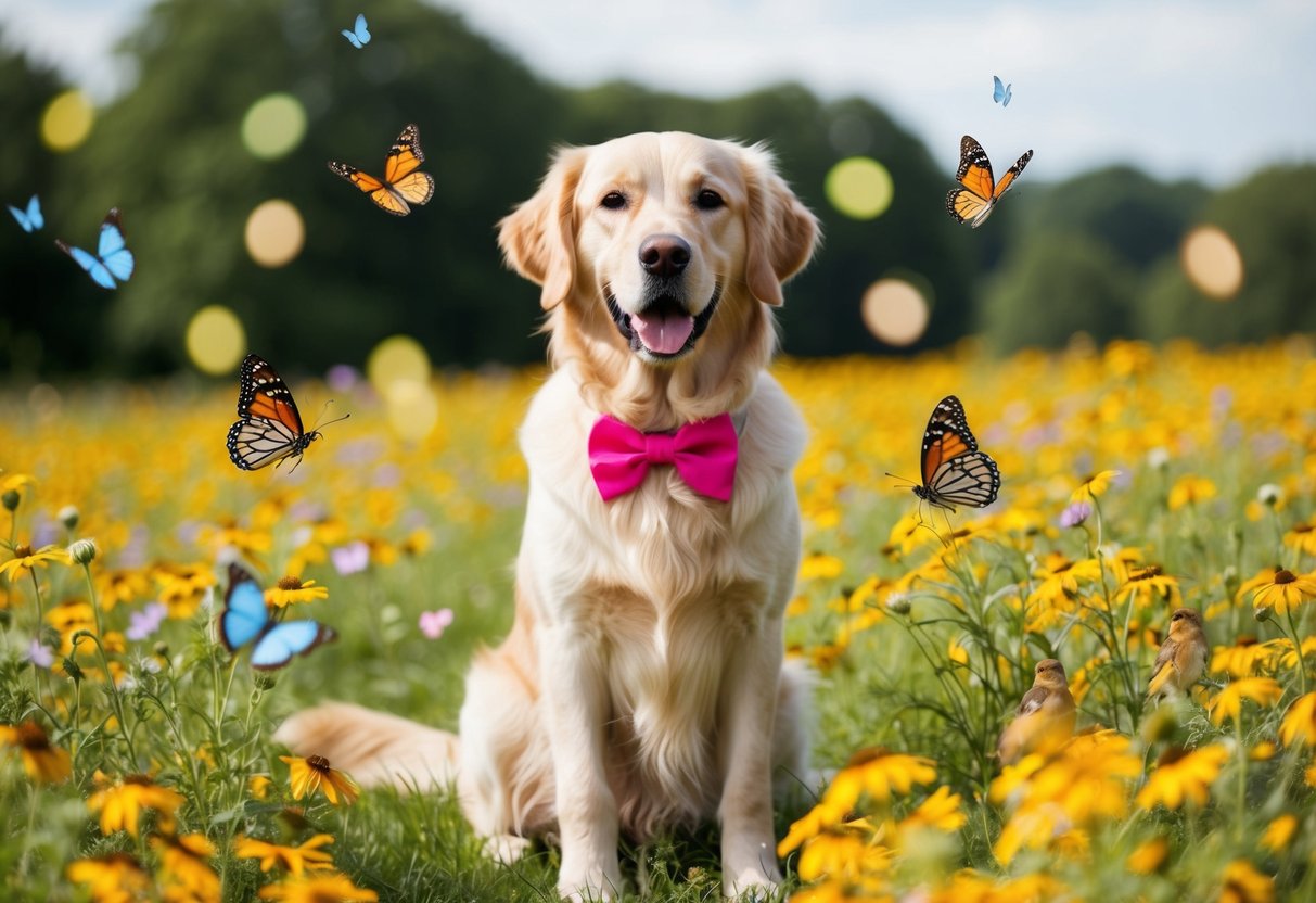 A golden retriever with a pink bow sits in a field of wildflowers, surrounded by fluttering butterflies and chirping birds