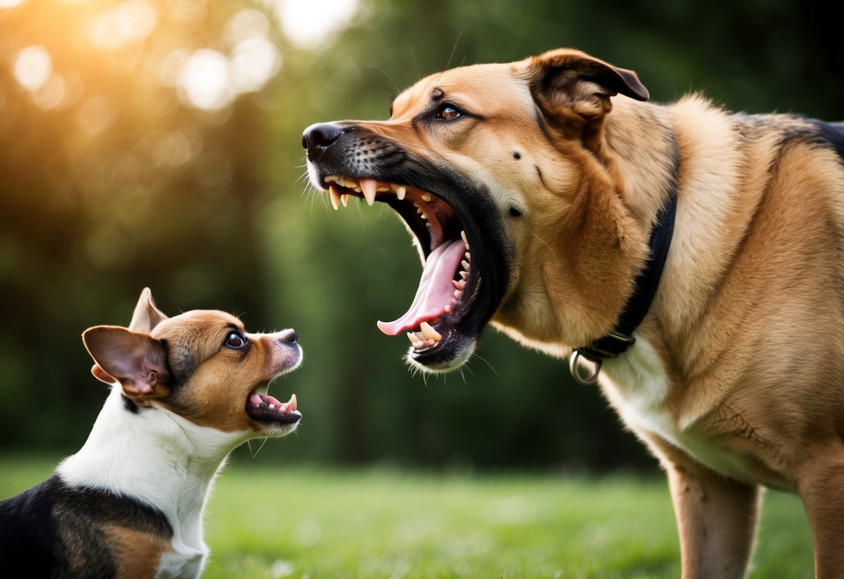 A large, aggressive dog baring its teeth and growling at a smaller, frightened dog