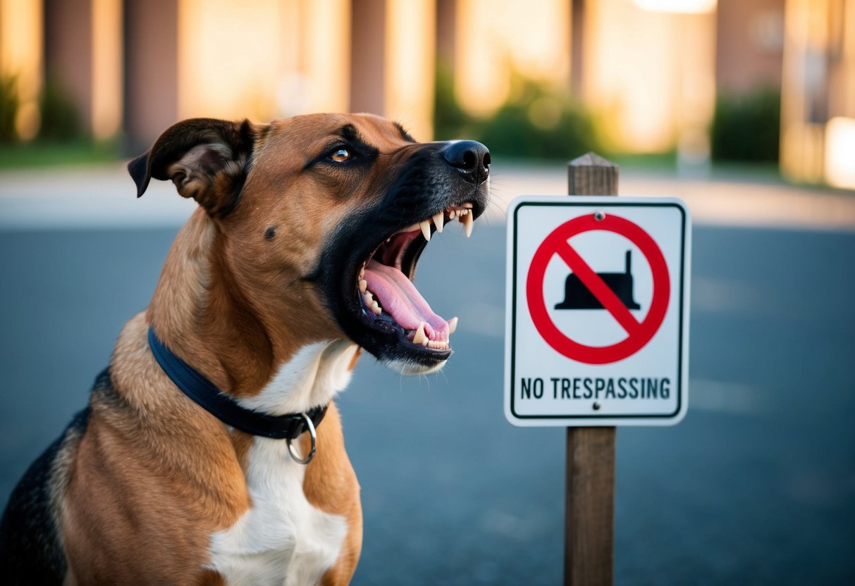 A snarling guard dog baring its teeth at a "No Trespassing" sign