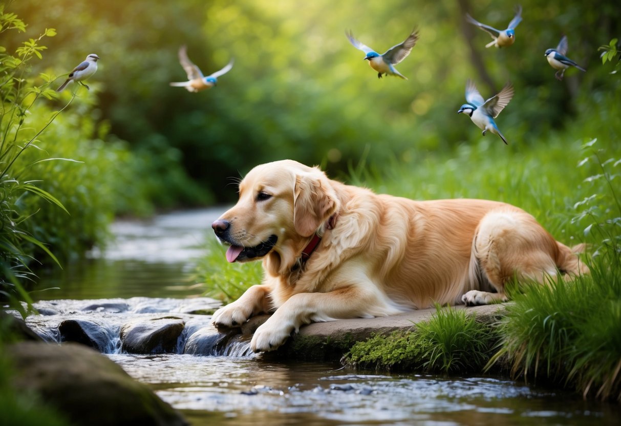 A serene golden retriever lies peacefully by a bubbling stream, surrounded by lush greenery and chirping birds