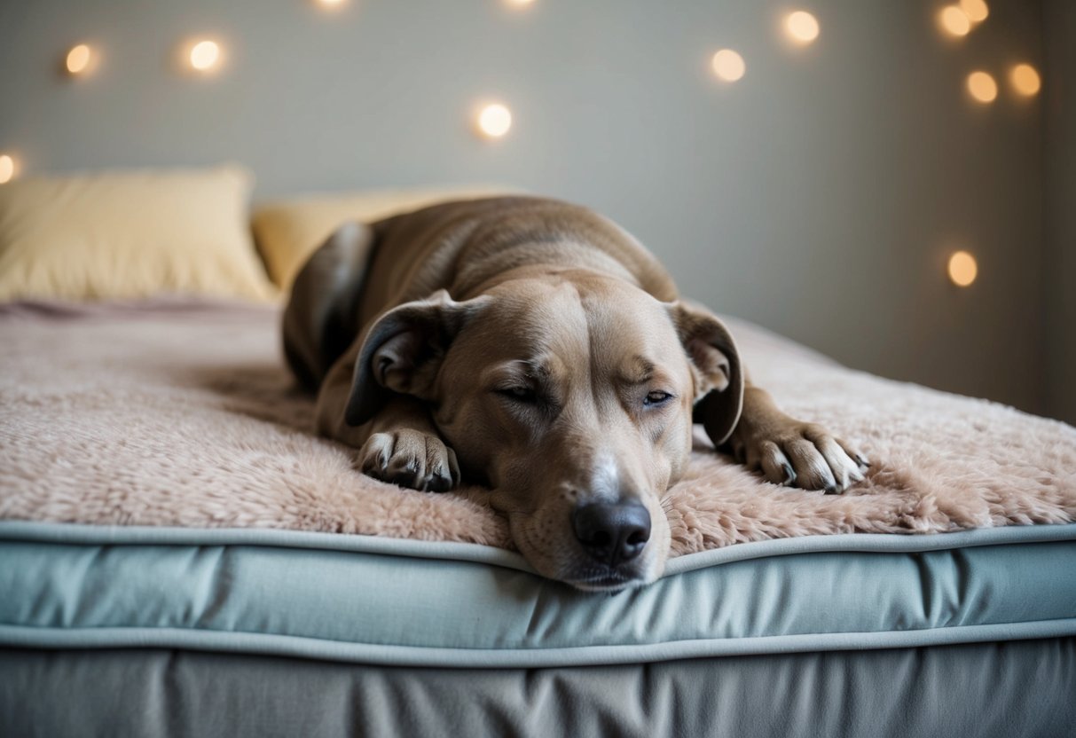 A serene, still dog lies curled up on a plush bed, eyes closed and breathing gently. Surrounding the dog are peaceful, muted tones and soft lighting