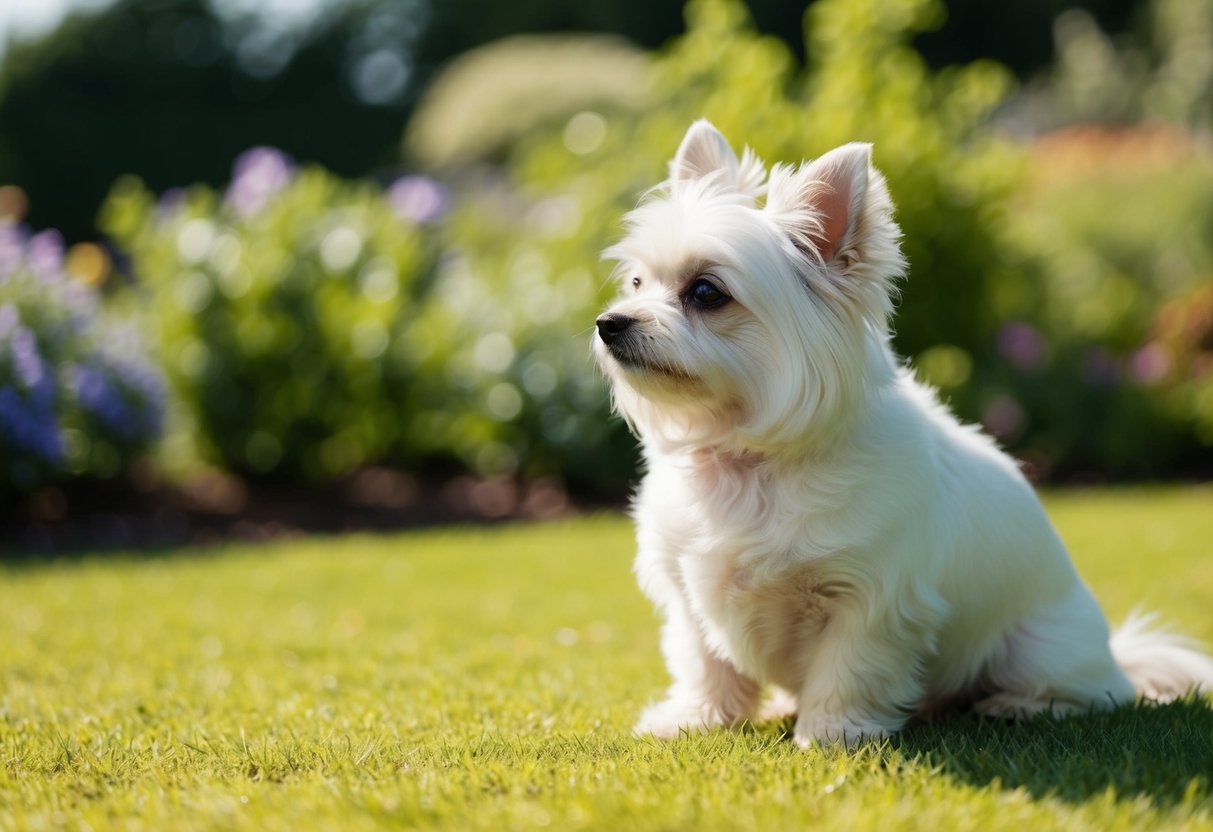 A small, fluffy white dog sits peacefully in a sunlit garden, ears perked up and eyes gazing out into the distance