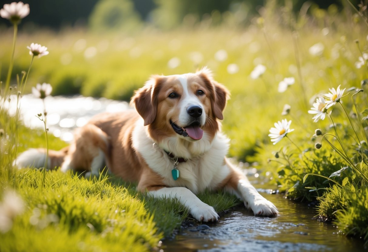 A serene, peaceful dog lying in a sunlit meadow, surrounded by gentle flowers and a tranquil, flowing stream