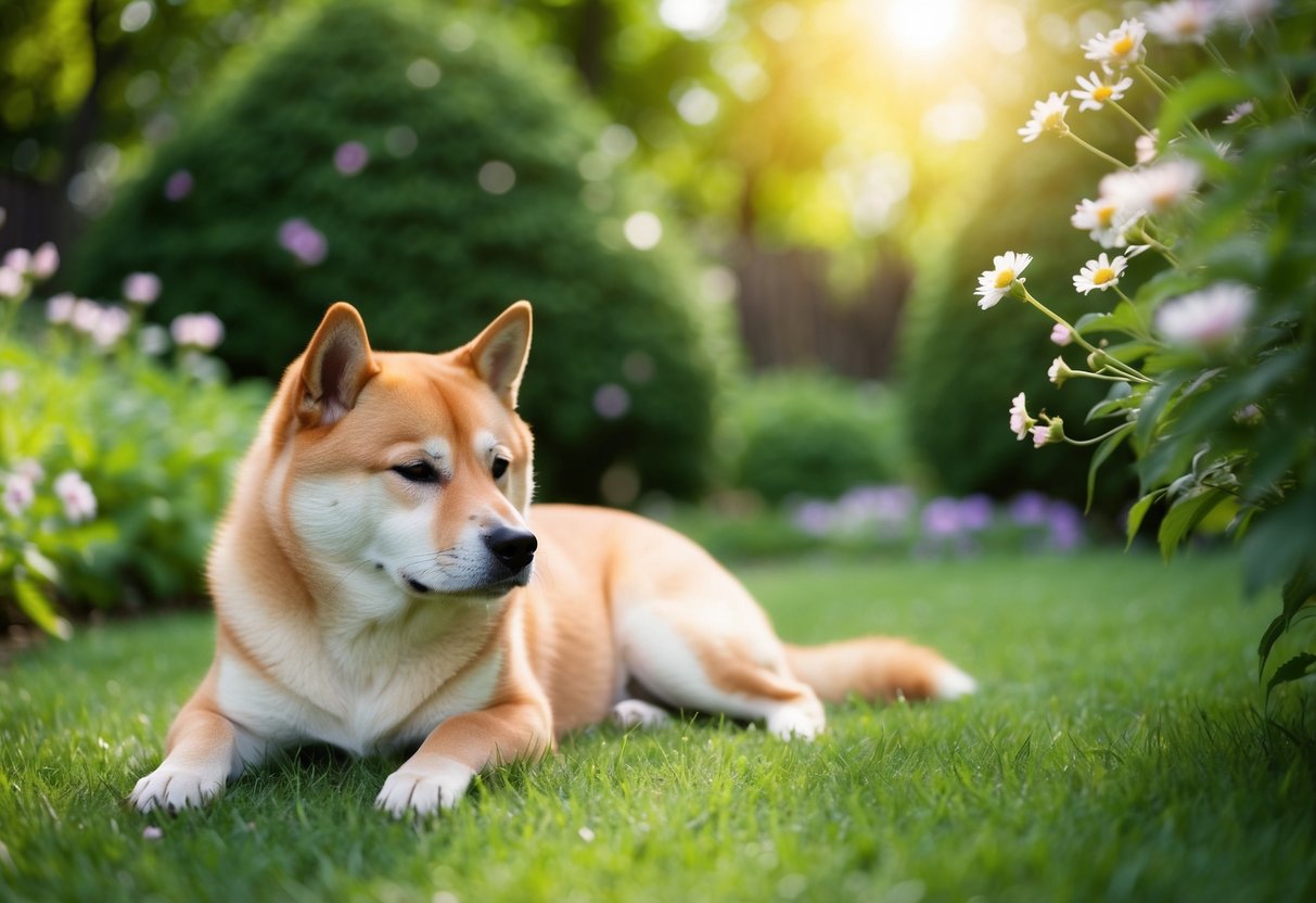 A serene Shiba Inu rests in a peaceful garden, surrounded by delicate flowers and dappled sunlight