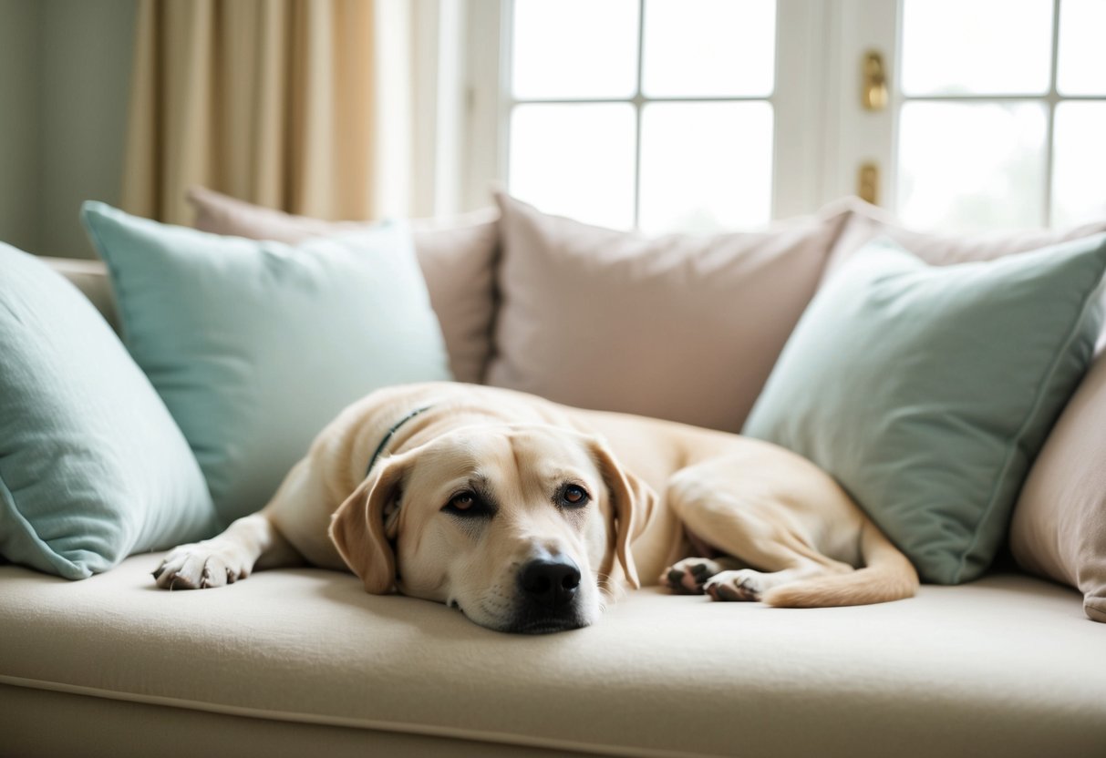 A serene, tranquil dog lounging peacefully in a sunlit room, surrounded by soft pillows and gentle, soothing colors