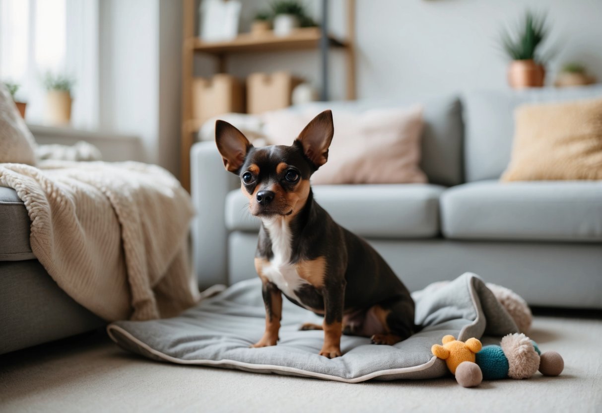 A small, calm dog sits peacefully in a cozy apartment, surrounded by soft blankets and toys. The dog's ears are perked up, listening attentively to the quiet surroundings