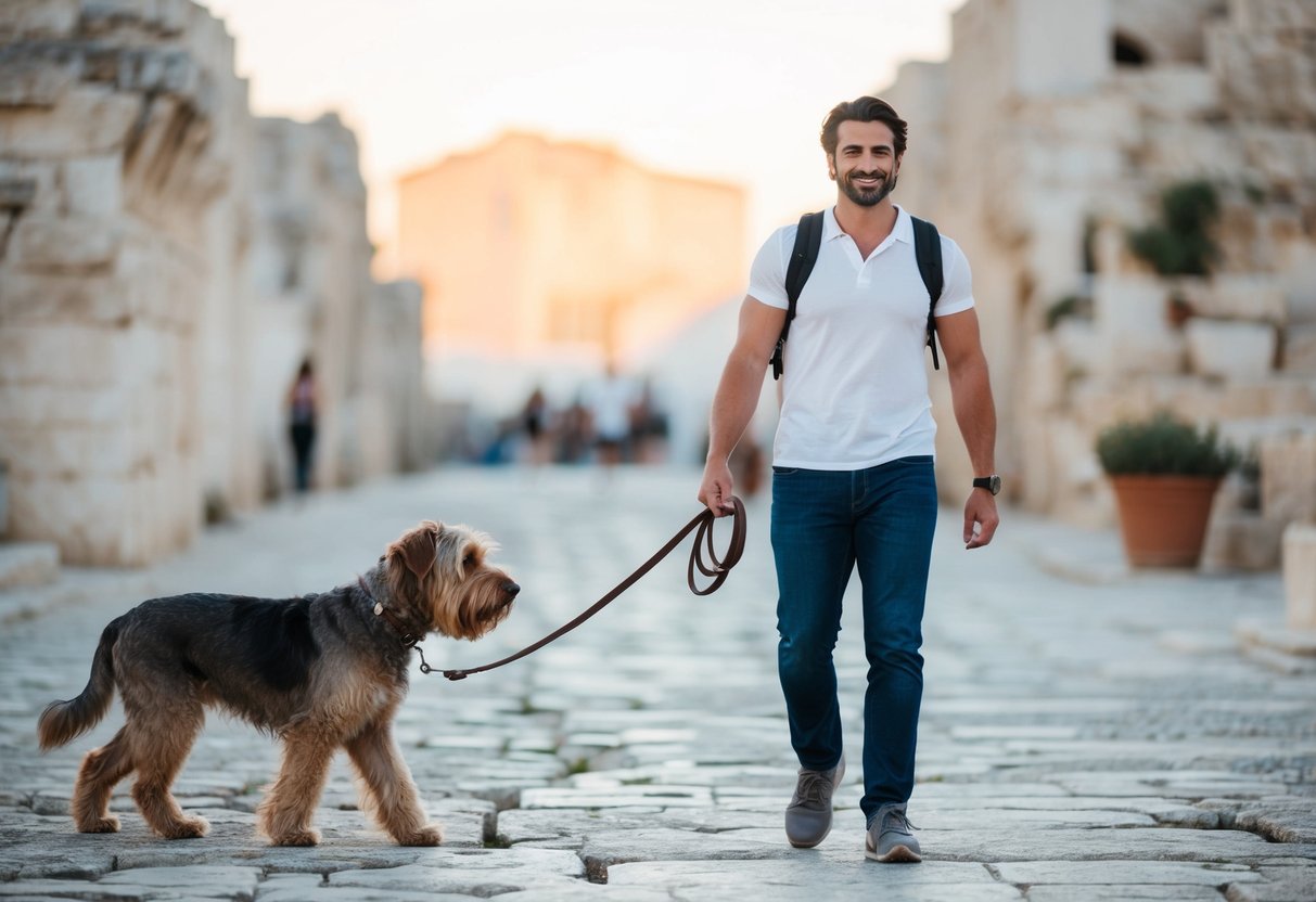 A Greek man holding a leash, walking a large, shaggy dog through an ancient city