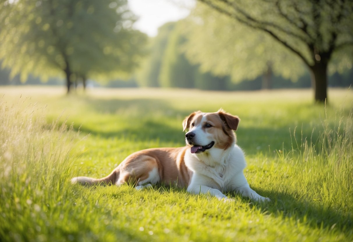 A serene, tranquil landscape with a peaceful, contented dog lying in a sun-dappled meadow, surrounded by soft, whispering grass and gentle, swaying trees