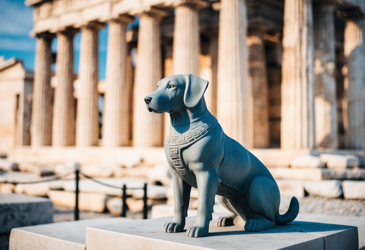 A Greek temple with a stone statue of a dog