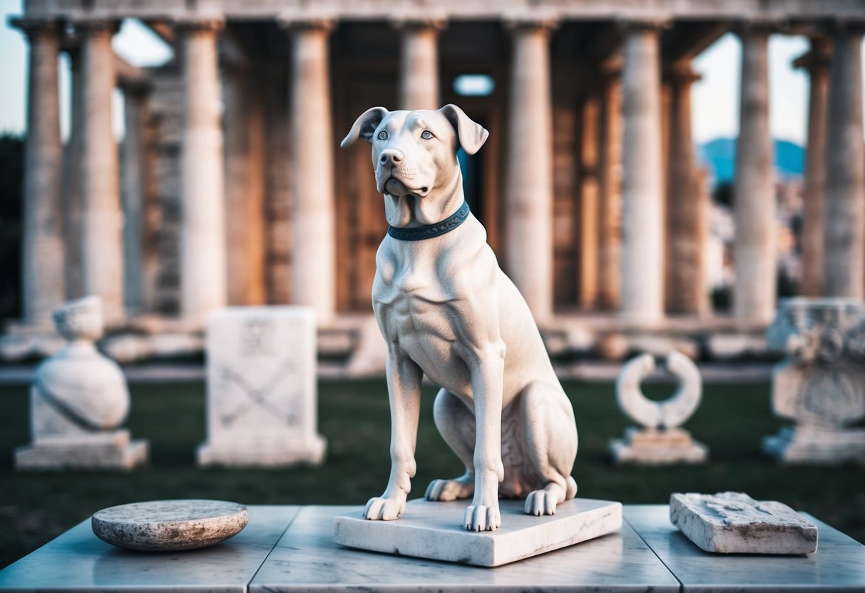 A Greek temple with a statue of a dog, surrounded by ancient Greek artifacts and symbols