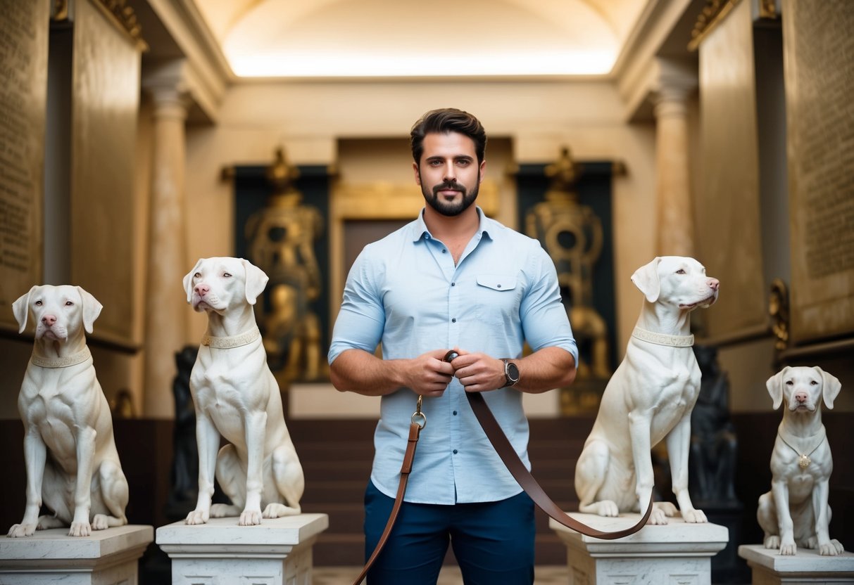 A Greek man holding a leash, surrounded by ancient scrolls and statues of dogs