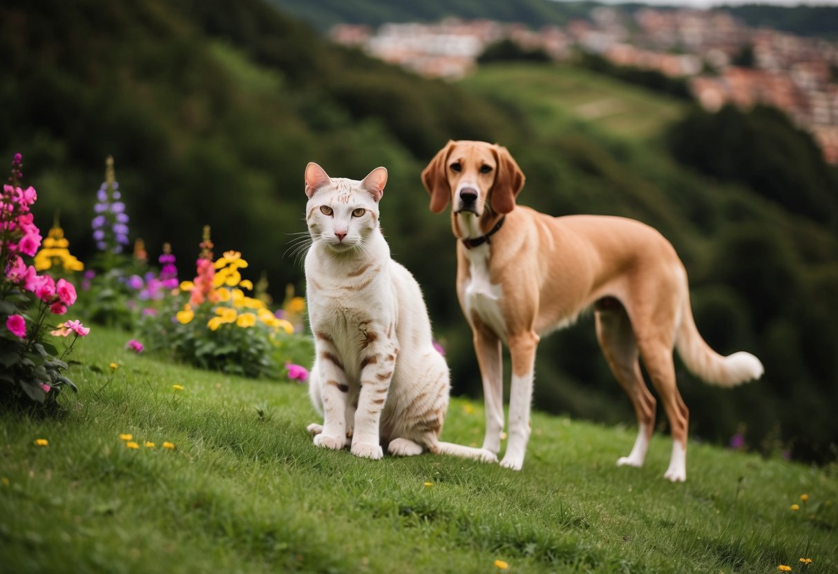 A white Toyger cat sits on a lush green hill, surrounded by colorful flowers, with a majestic Borzoi dog standing beside it