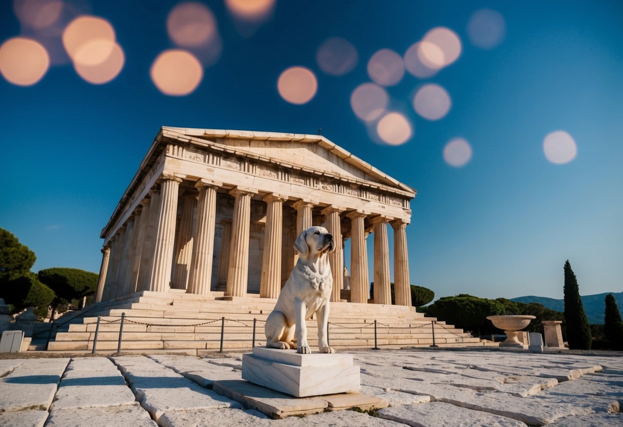 A Greek temple with a statue of a dog at the entrance