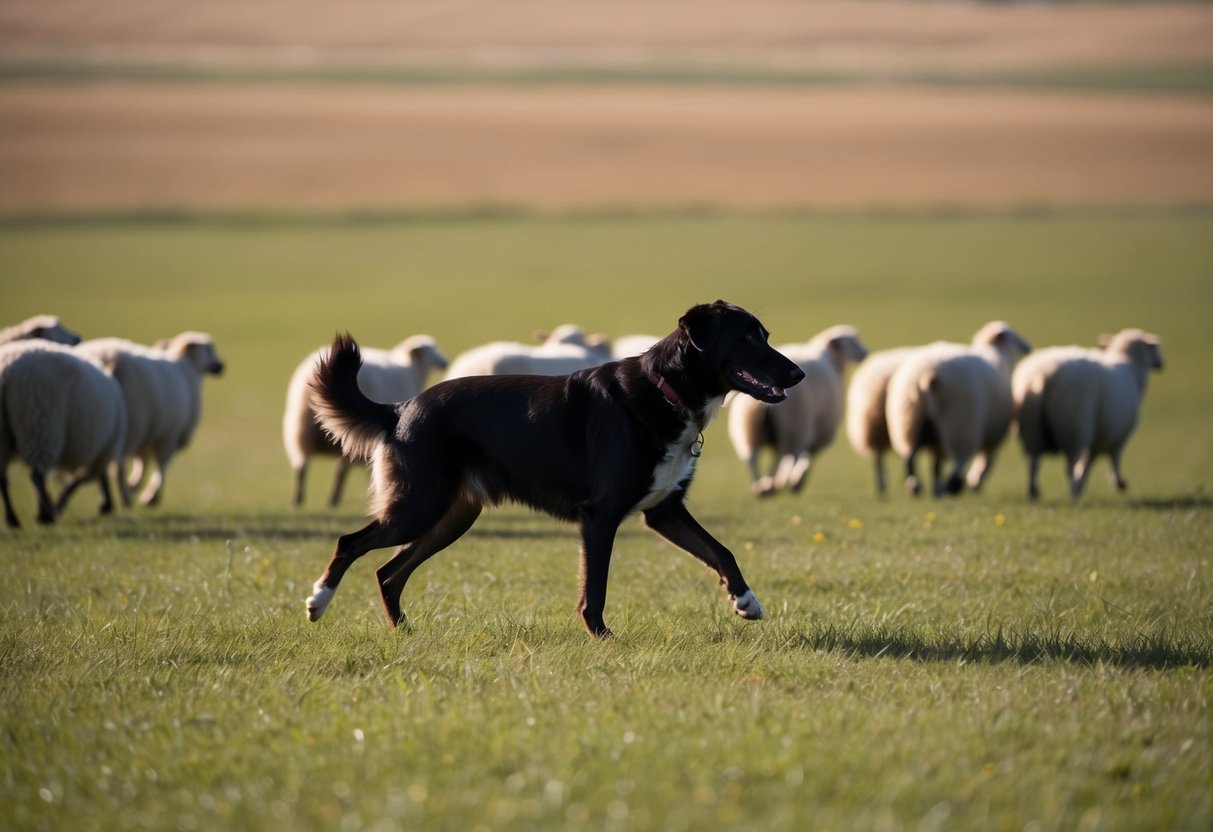 A Komondor dog herding sheep in a vast, open field