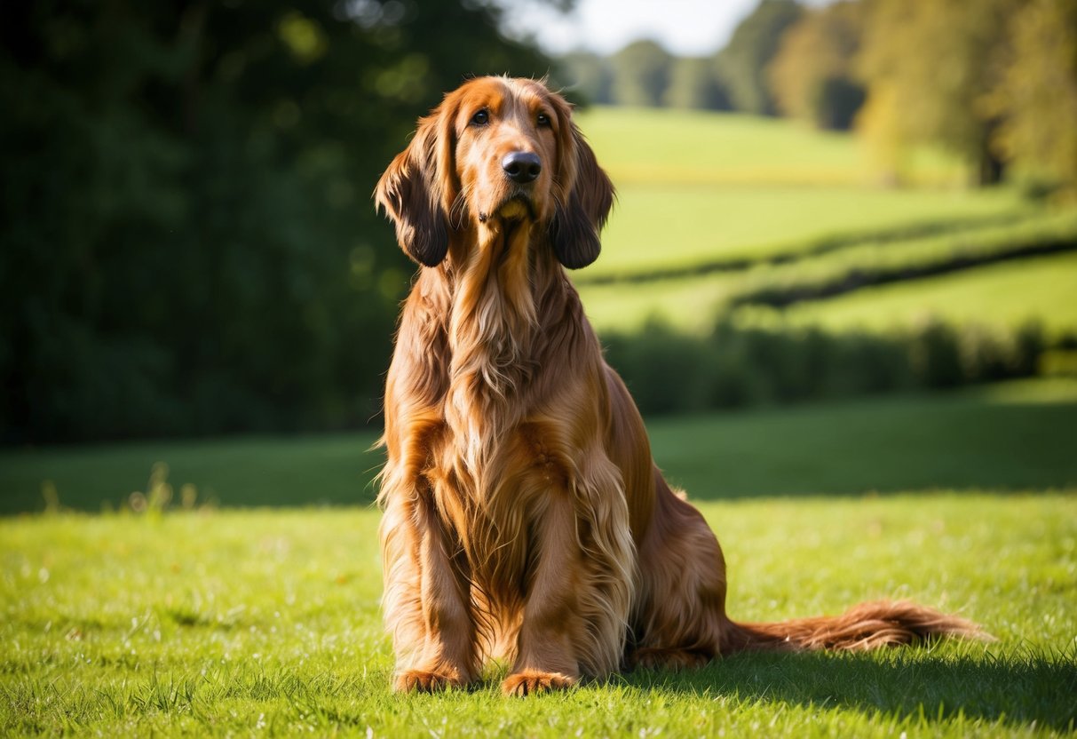 A majestic Otterhound stands proudly in a lush English countryside, its long, shaggy coat glistening in the sunlight