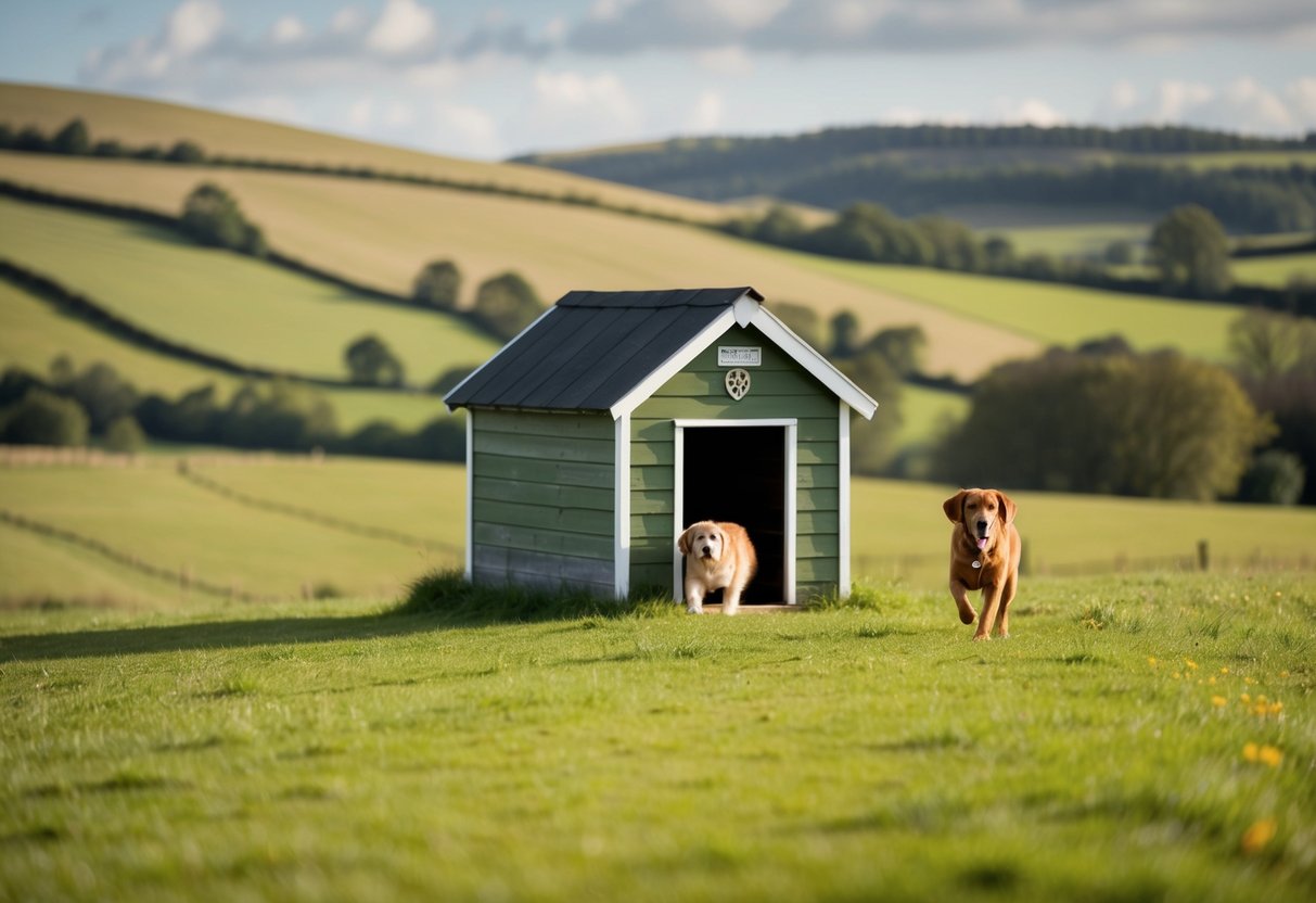 A serene countryside landscape with a small, quaint kennel nestled among rolling hills, where the rarest dog breed in the UK, the Otterhound, can be seen roaming freely