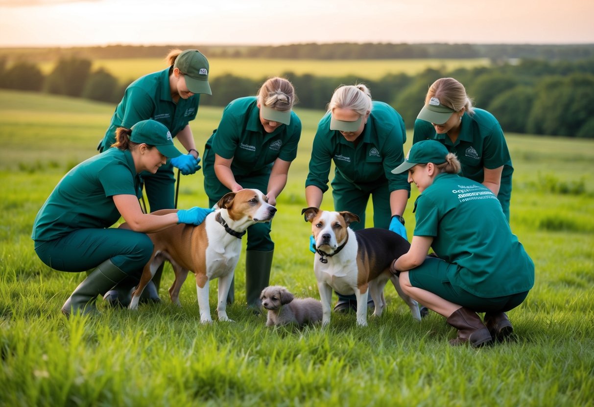 A group of conservationists and breeders gather around a rare dog breed in a lush, green landscape, carefully tending to the animals