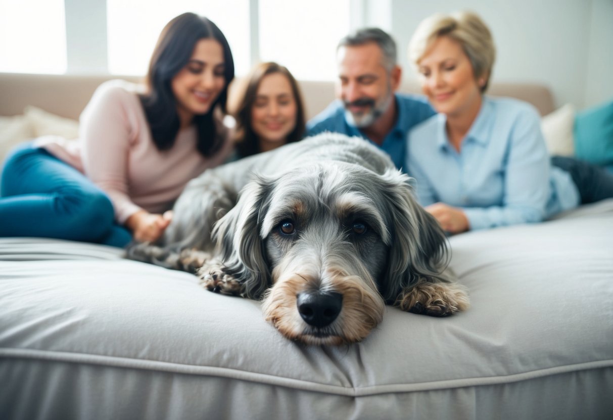 A gray-haired dog peacefully lying on a soft bed surrounded by loved ones