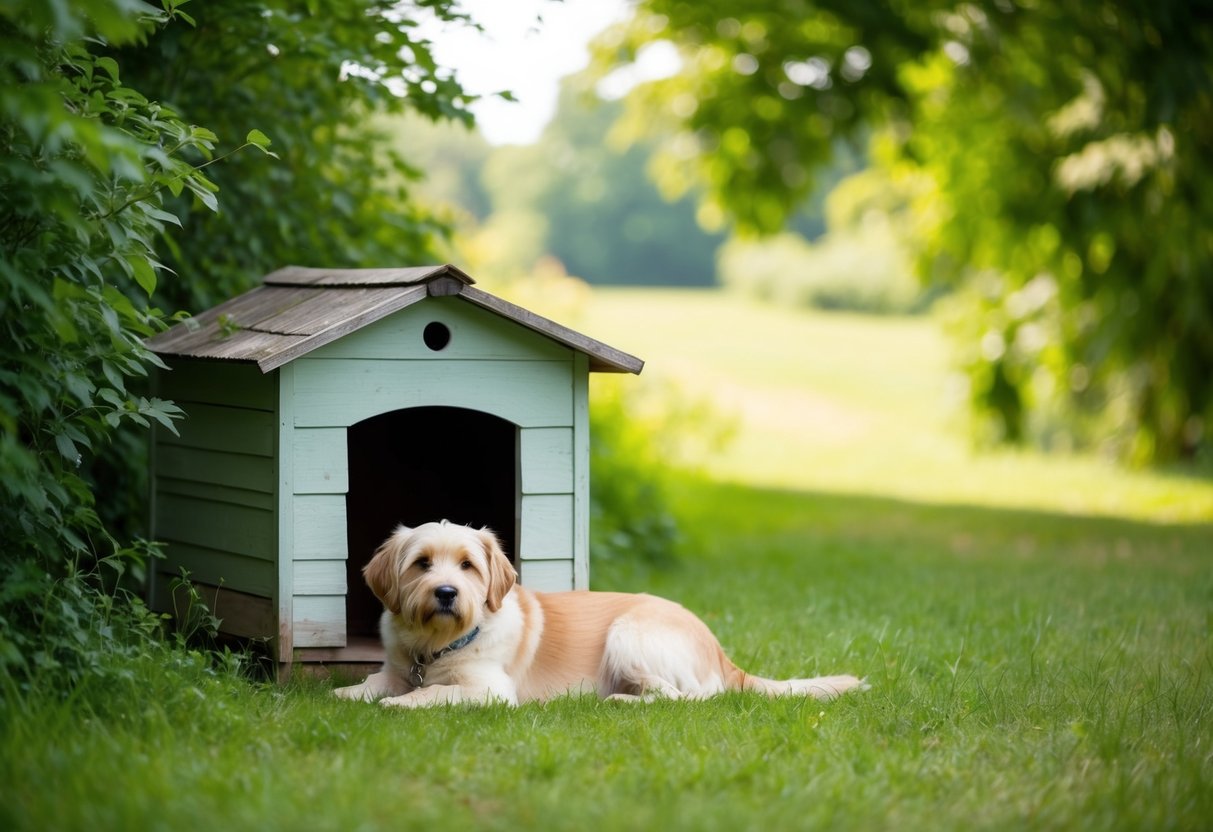 A serene countryside setting with a weathered doghouse surrounded by lush greenery, and a wise and content elderly dog resting peacefully in the shade