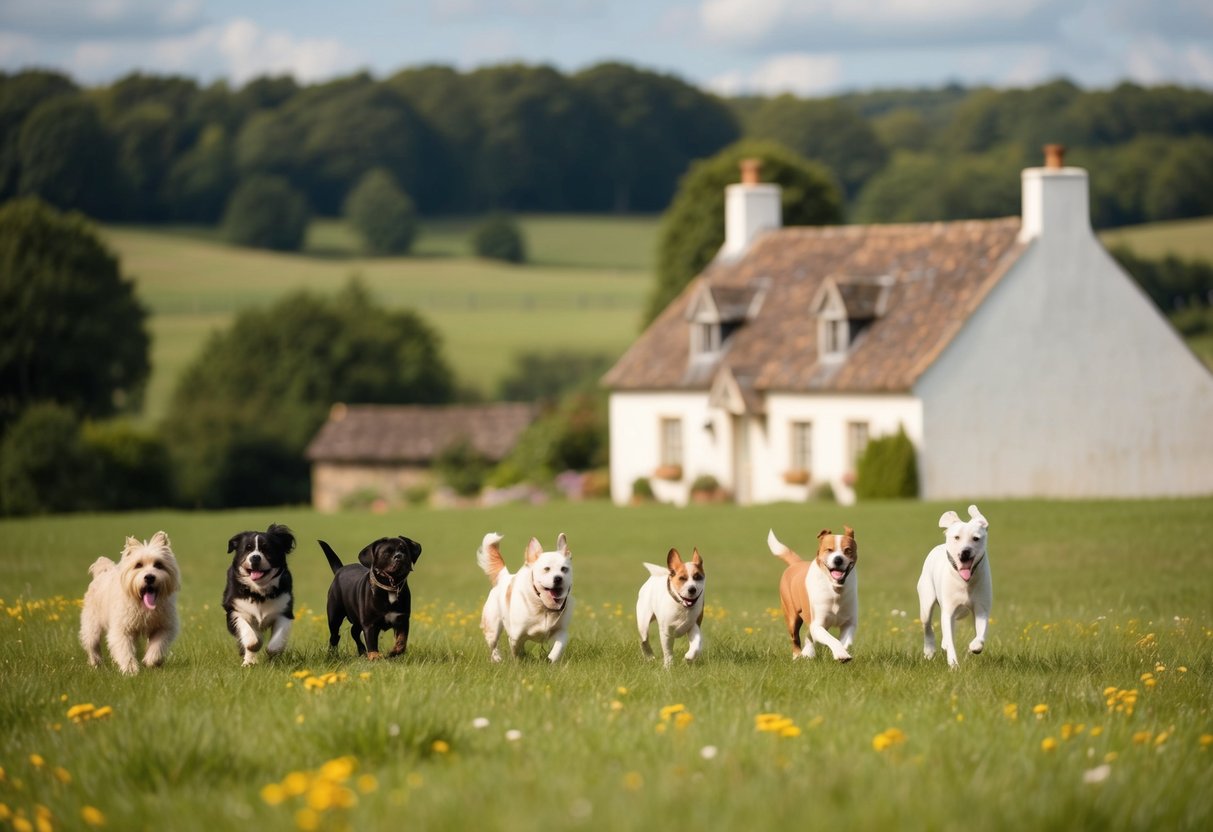 A serene countryside landscape with a charming cottage and a variety of rare dog breeds frolicking in the meadow
